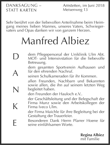 Traueranzeige von Manfred Albiez von SÜDWEST PRESSE Ausgabe Ulm/Neu-Ulm