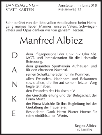 Traueranzeige von Manfred Albiez von Geislinger Zeitung