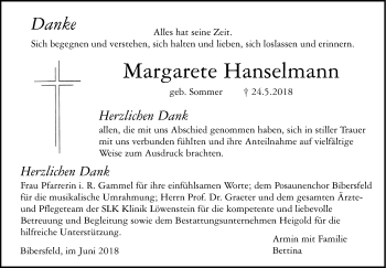 Traueranzeige von Margarete Hanselmann von Haller Tagblatt