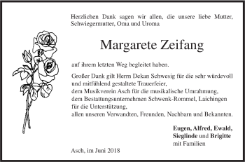 Traueranzeige von Margarete Zeifang von SÜDWEST PRESSE