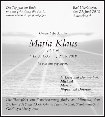 Traueranzeige von Maria Klaus von Geislinger Zeitung