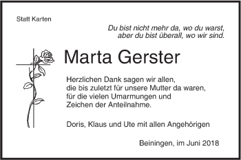 Traueranzeige von Marta Gerster von SÜDWEST PRESSE Ausgabe Ulm/Neu-Ulm