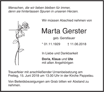 Traueranzeige von Marta Gerster von SÜDWEST PRESSE Ausgabe Ulm/Neu-Ulm