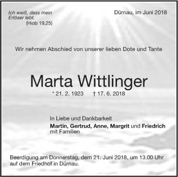 Traueranzeige von Marta Wittlinger von NWZ Neue Württembergische Zeitung