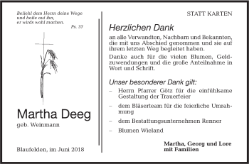 Traueranzeige von Martha Deeg von Hohenloher Tagblatt