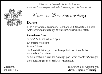 Traueranzeige von Monika  Braunschweig von Hohenzollerische Zeitung