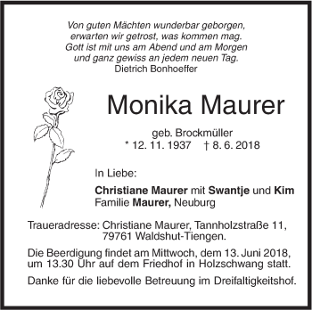 Traueranzeige von Monika Maurer von SÜDWEST PRESSE Ausgabe Ulm/Neu-Ulm