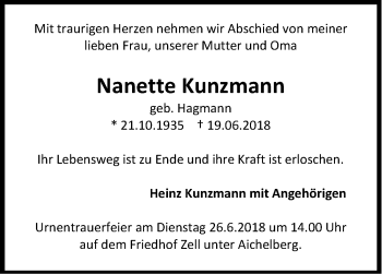 Traueranzeige von Nanette Kunzmann von NWZ Neue Württembergische Zeitung