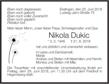 Traueranzeige von Nikola Dukic von NWZ Neue Württembergische Zeitung