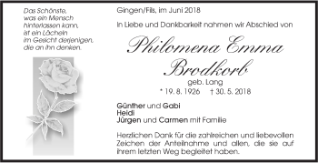 Traueranzeige von Philomena Emma Brodkorb von Geislinger Zeitung