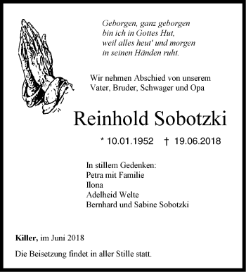 Traueranzeige von Reinhold Sobotzki von Hohenzollerische Zeitung