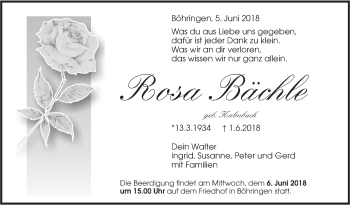 Traueranzeige von Rosa Bächle von Metzinger-Uracher Volksblatt