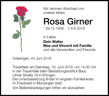 Traueranzeige von Rosa Girner von Ehinger Tagblatt