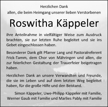 Traueranzeige von Roswitha Käppeler von SÜDWEST PRESSE Ausgabe Ulm/Neu-Ulm