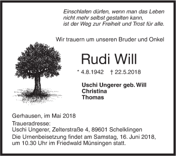 Traueranzeige von Rudi Will von SÜDWEST PRESSE Ausgabe Ulm/Neu-Ulm