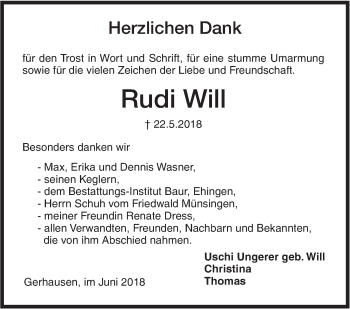 Traueranzeige von Rudi Will von SÜDWEST PRESSE Ausgabe Ulm/Neu-Ulm