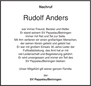 Traueranzeige von Rudolf Anders von SÜDWEST PRESSE Ausgabe Ulm/Neu-Ulm