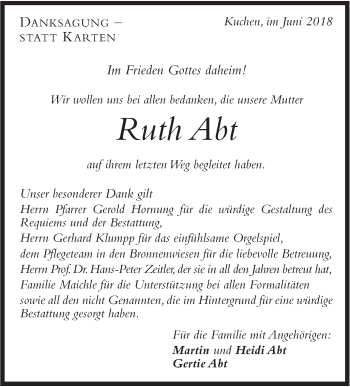 Traueranzeige von Ruth Abt von Geislinger Zeitung