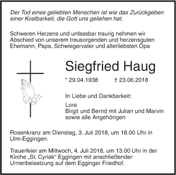 Traueranzeige von Siegfried Haug von SÜDWEST PRESSE Ausgabe Ulm/Neu-Ulm