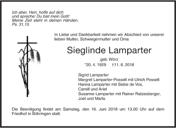 Traueranzeige von Sieglinde Lamparter von Metzinger-Uracher Volksblatt