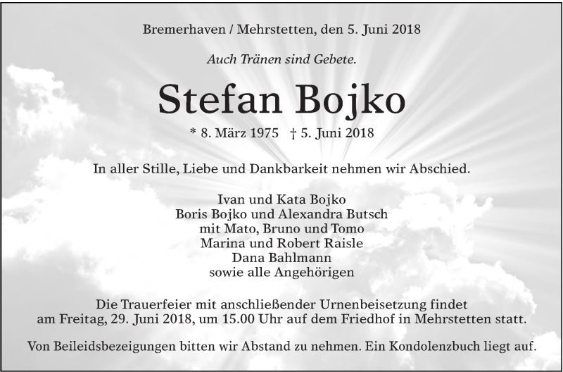  Traueranzeige für Stefan Bojko vom 23.06.2018 aus Alb-Bote/Metzinger-Uracher Volksblatt