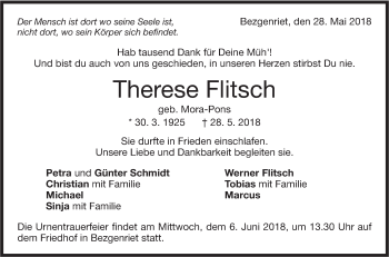 Traueranzeige von Therese Flitsch von NWZ Neue Württembergische Zeitung