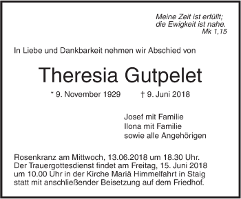 Traueranzeige von Theresia Gutpelet von SÜDWEST PRESSE Ausgabe Ulm/Neu-Ulm