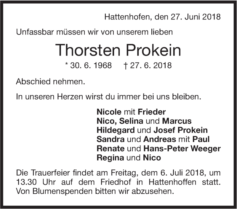  Traueranzeige für Thorsten Prokein vom 02.07.2018 aus NWZ Neue Württembergische Zeitung