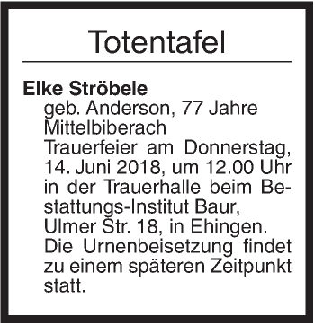 Traueranzeige von Totentafel vom 13.06.2018 von Ehinger Tagblatt