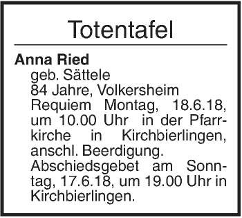 Traueranzeige von Totentafel vom 15.06.2018 von Ehinger Tagblatt