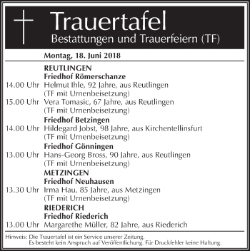 Traueranzeige von Totentafel vom 18.06.2018 von Metzinger-Uracher Volksblatt