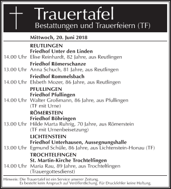 Traueranzeige von Totentafel vom 20.06.2018 von Metzinger-Uracher Volksblatt