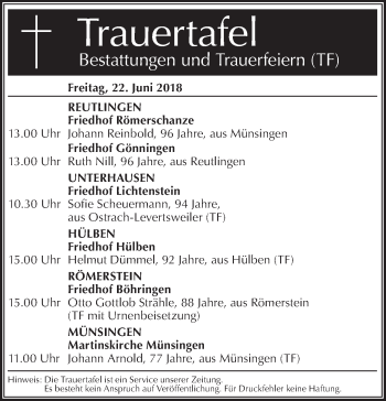 Traueranzeige von Totentafel vom 22.06.2018 von Metzinger-Uracher Volksblatt