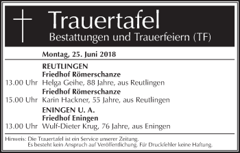 Traueranzeige von Totentafel vom 25.06.2018 von Metzinger-Uracher Volksblatt