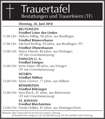 Traueranzeige von Totentafel vom 26.06.2018 von Metzinger-Uracher Volksblatt