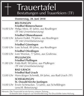 Traueranzeige von Totentafel vom 28.06.2018 von Metzinger-Uracher Volksblatt