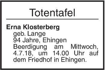 Traueranzeige von Totentafel vom 29.06.2018 von Ehinger Tagblatt