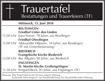 Traueranzeige von Trauertafel vom 13.06.2018 von Metzinger-Uracher Volksblatt