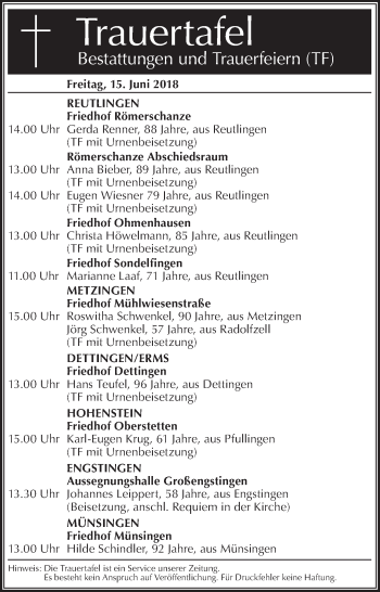 Traueranzeige von Trauertafel vom 15.06.2018 von Metzinger-Uracher Volksblatt