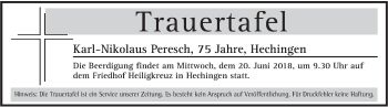 Traueranzeige von Trauertafel vom 18.06.2018 von Hohenzollerische Zeitung