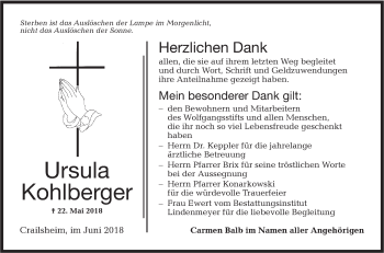 Traueranzeige von Ursula Kohlberger von Hohenloher Tagblatt