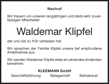 Traueranzeige von Waldemar Klipfel von NWZ Neue Württembergische Zeitung/Geislinger Zeitung