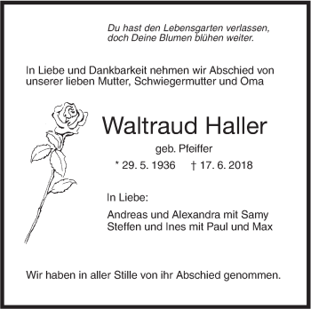 Traueranzeige von Waltraut Haller von SÜDWEST PRESSE Ausgabe Ulm/Neu-Ulm