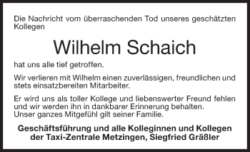 Traueranzeige von Wilhelm Schaich von Metzinger-Uracher Volksblatt