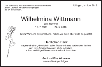 Traueranzeige von Wilhelmina Wittmann von NWZ Neue Württembergische Zeitung