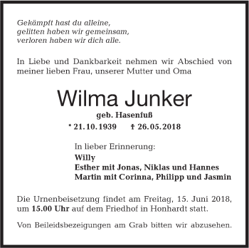 Traueranzeige von Wilma Junker von Hohenloher Tagblatt