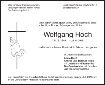 Traueranzeige von Wolfgang Hoch von Geislinger Zeitung