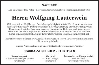 Traueranzeige von Wolfgang Lauterwein von SÜDWEST PRESSE Ausgabe Ulm/Neu-Ulm