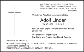 Traueranzeige von Adolf Linder von Ehinger Tagblatt