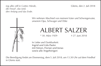 Traueranzeige von Albert Salzer von Metzinger-Uracher Volksblatt